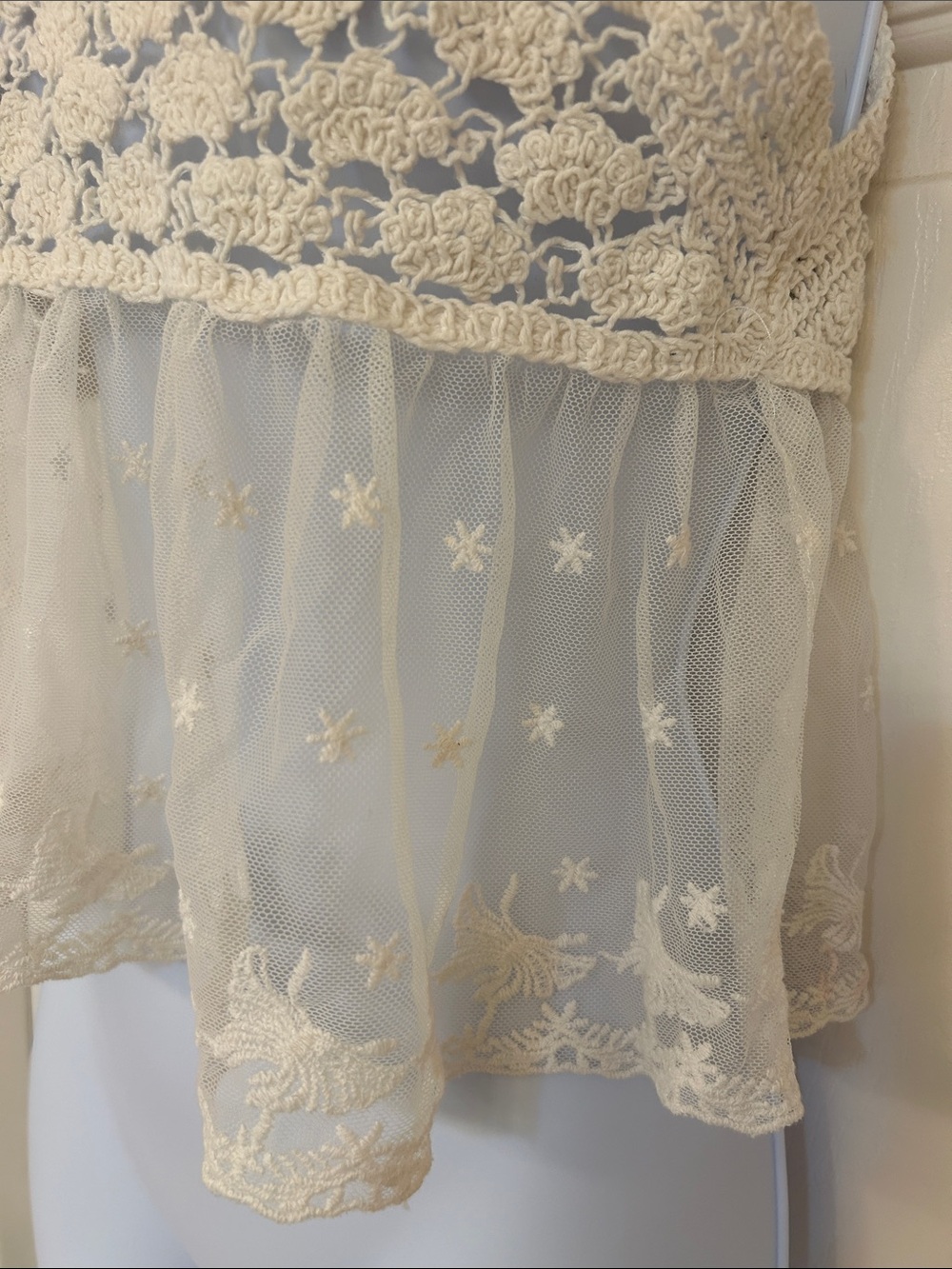 Boho Chic Crochet Knit & Embroidered Star Mesh Babydoll Cami Top Cream/Ivory SM - Picture 6 of 11